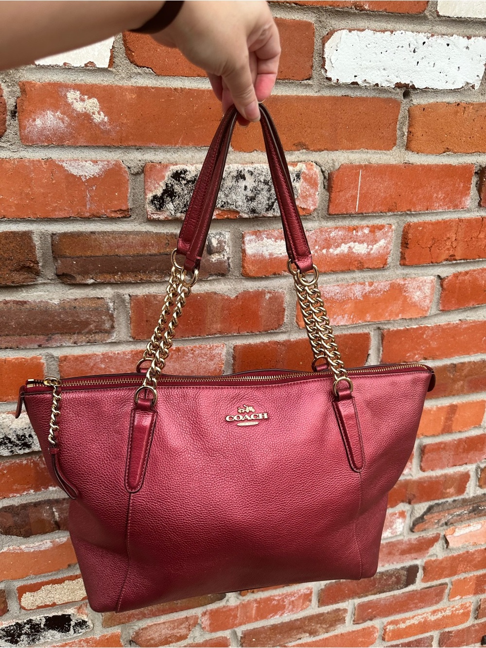 Coach Metallic Cherry Pebbled Leather Chain Tote Burgundy Shoulder Bag